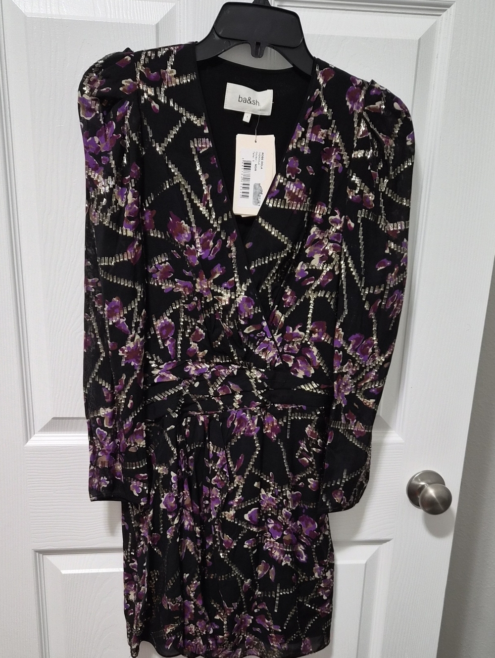 ba&sh Black Floral Metallic-Accent Wrap Dress